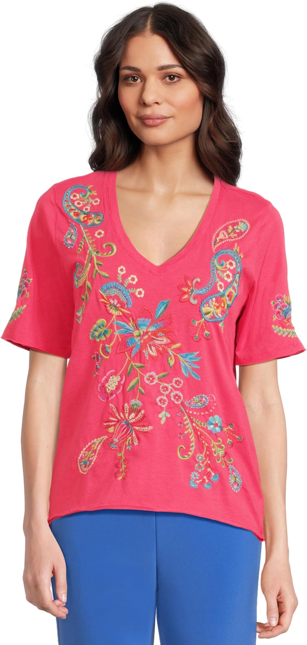 

Футболка Johnny Was Raw Hem V-neck Tee - Karime, Raspberry Sorbet