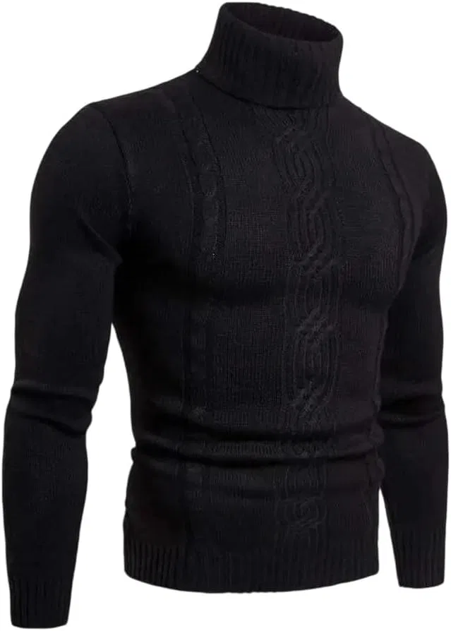 Мужской водолазка Slim Fit теплый и повседневный комфортный классический простой вязаный свитер Generic, черный