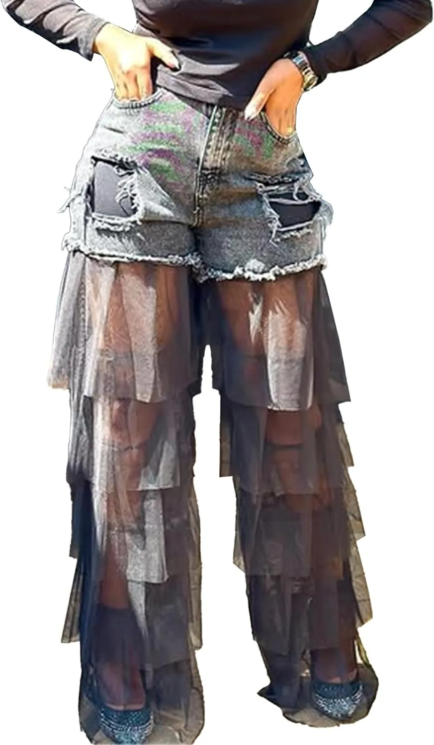 

Yootiko женские рваные мешковатые джинсы Y2k с пачворком и сеткой