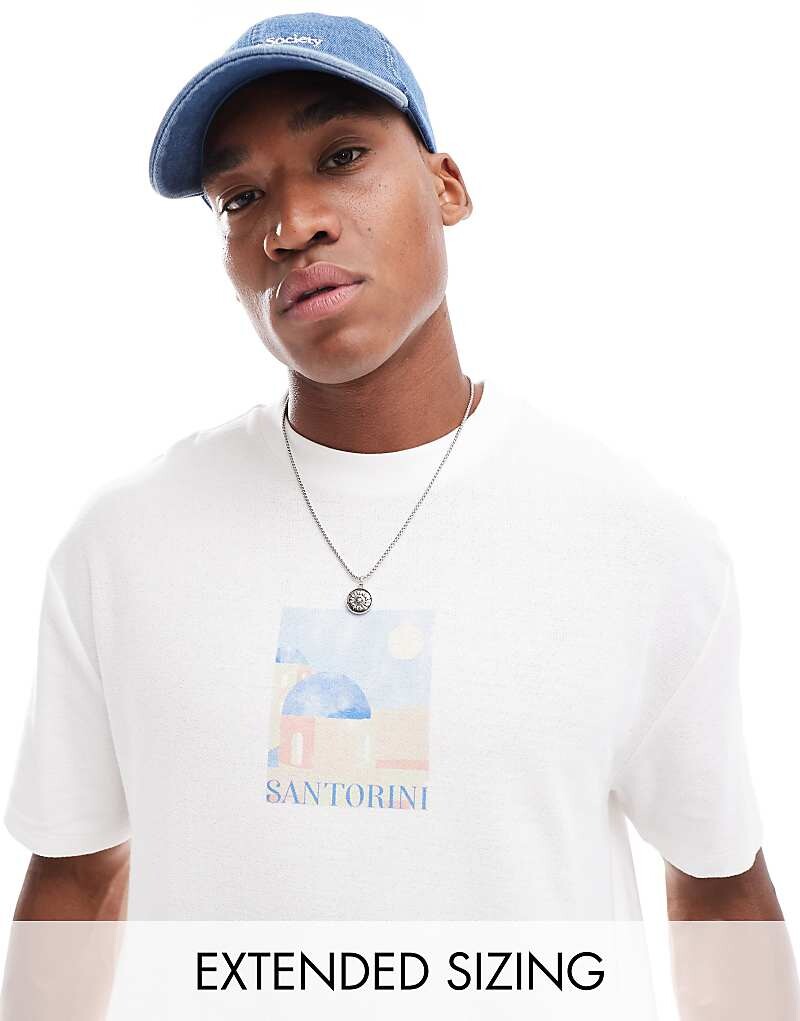 

Белая текстурированная футболка свободного кроя ASOS DESIGN с городским принтом спереди