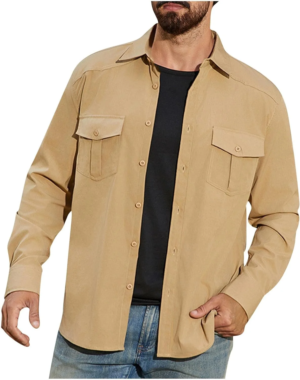 Мужская рубашка на пуговицах Casual Vintage с длинным рукавом, лацканом и двумя накладными карманами Generic, хаки