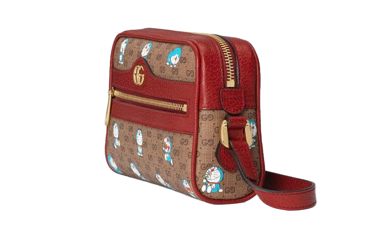GUCCI Дораэмон коллекция холщовая сумка с кожаной вставкой через плечо унисекс коричневый — фото 2