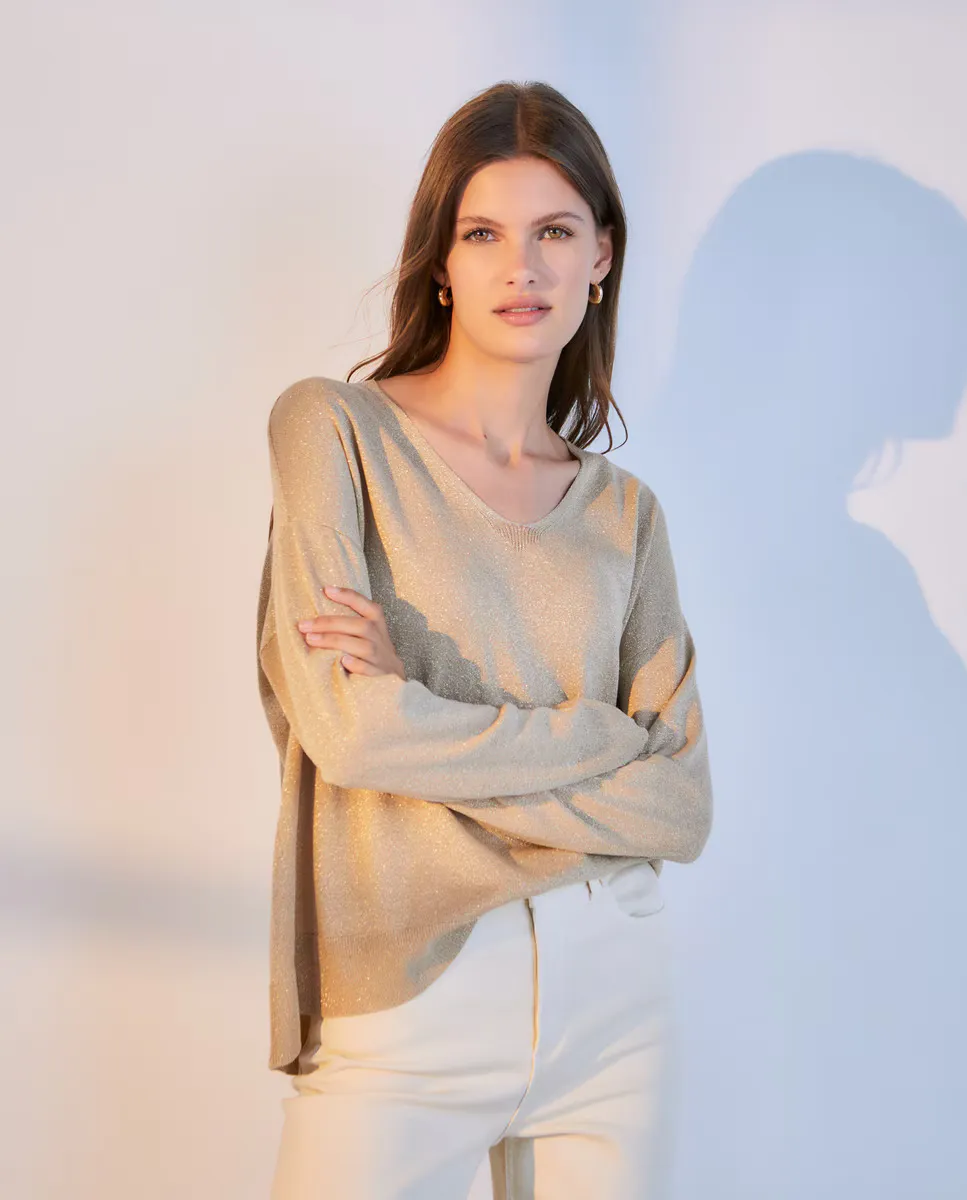 

Женский свитер с V-образным вырезом Woman El Corte Inglés, золотой