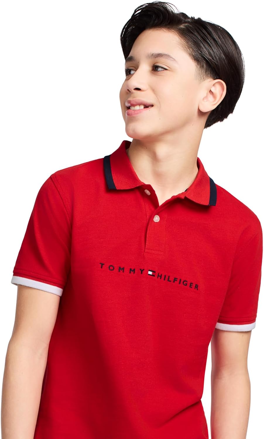 Рубашка-поло Tommy Hilfiger для мальчиков с коротким рукавом из высококачественного пике, застежка на пуговицы, мягкая и удобная, Tomas Stretch Tommy Red — фото 2