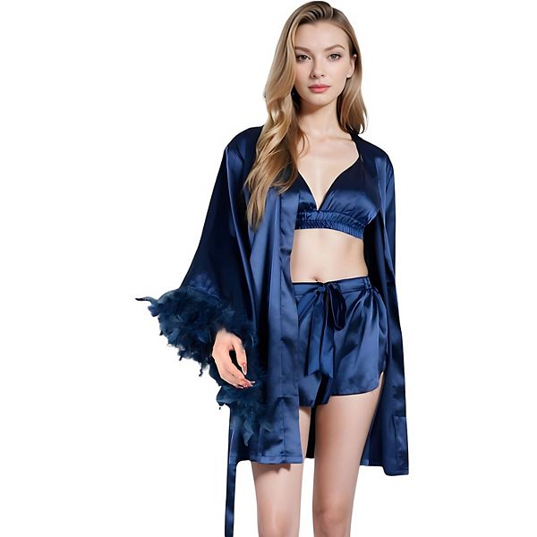 

Женский бархатный халат с перьями, бралетт и шорты с высокой талией, трикотажный сет Anna-Kaci, Navy