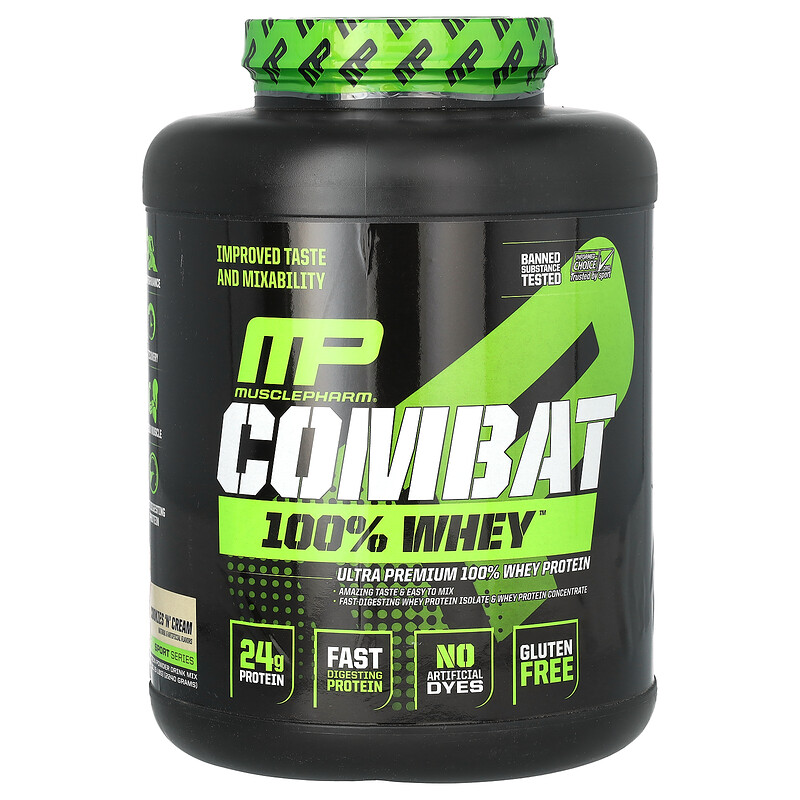 

MusclePharm, Combat, 100% сывороточный протеин, печенье и крем, 2240 г (5 фунтов)