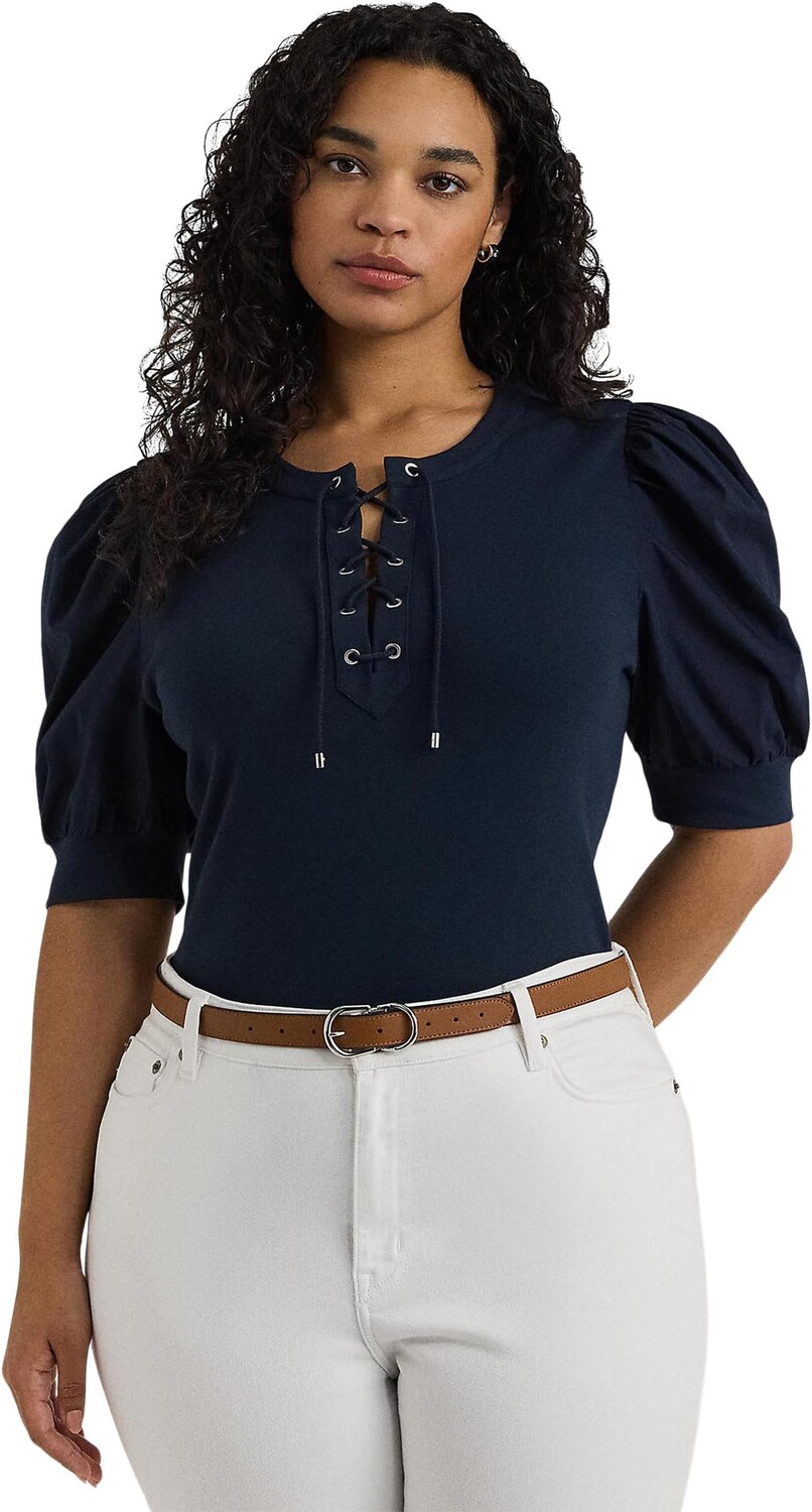 

Топ Lauren Ralph Lauren Plus Size Lace-Up Stretch Cotton Puff-Sleeve Top, цвет Lauren Navy