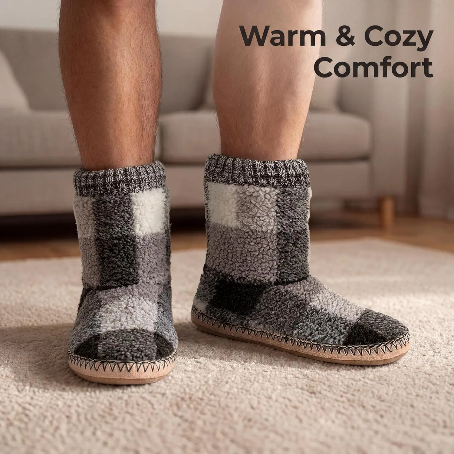 Тапочки мужские теплые пушистые Cozylook, серый/белая клетка — фото 4