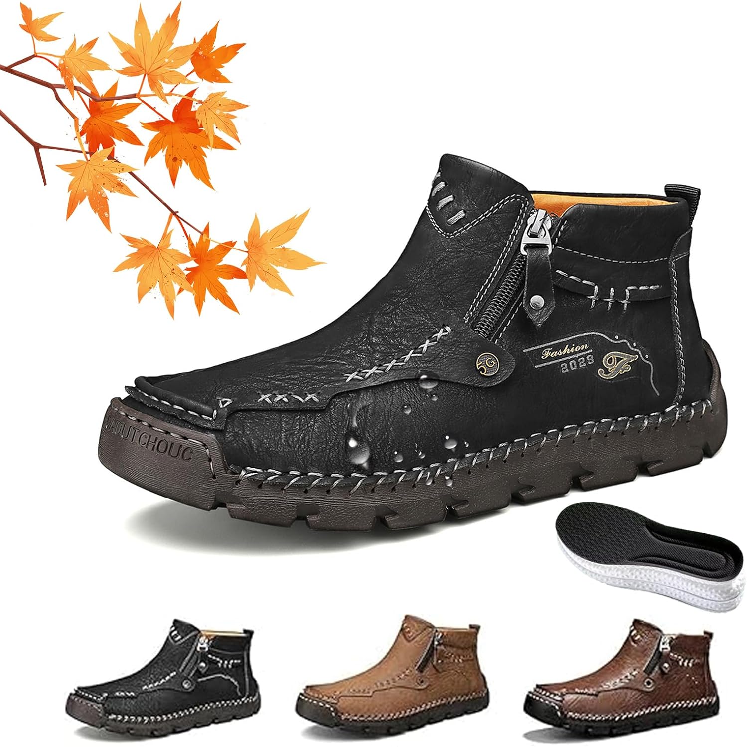 

Мужские ручной работы ортопедические кожаные лоферы для улицы, мужские прошитые вручную удобные водонепроницаемые мокасины с широким носком, с боковой молнией, на плоской подошве, противоскользящие Wxdstw, черный