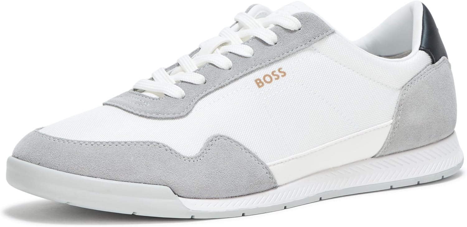 

BOSS Мужские титановые низкопрофильные кожаные кроссовки, White Ivory