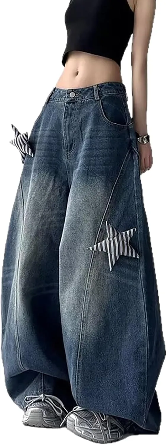 

Багги джинсы для женщин Y2K с объемным звездным принтом low rise wide leg LUUTWAL