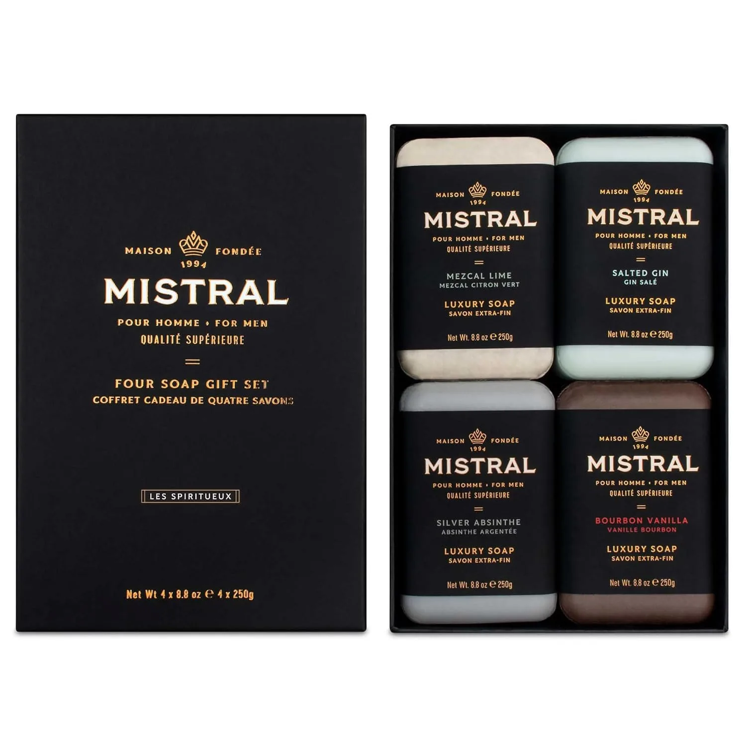 Мыло для мужчин Mistral Luxury Bar, набор из 4 шт (4 x 250 г) - ароматы Mezcal Lime, Salted Gin, Silver Absinthe, Bourbon Vanilla, увлажняющее, тройного помола 997.92 г (4 шт.), Grey