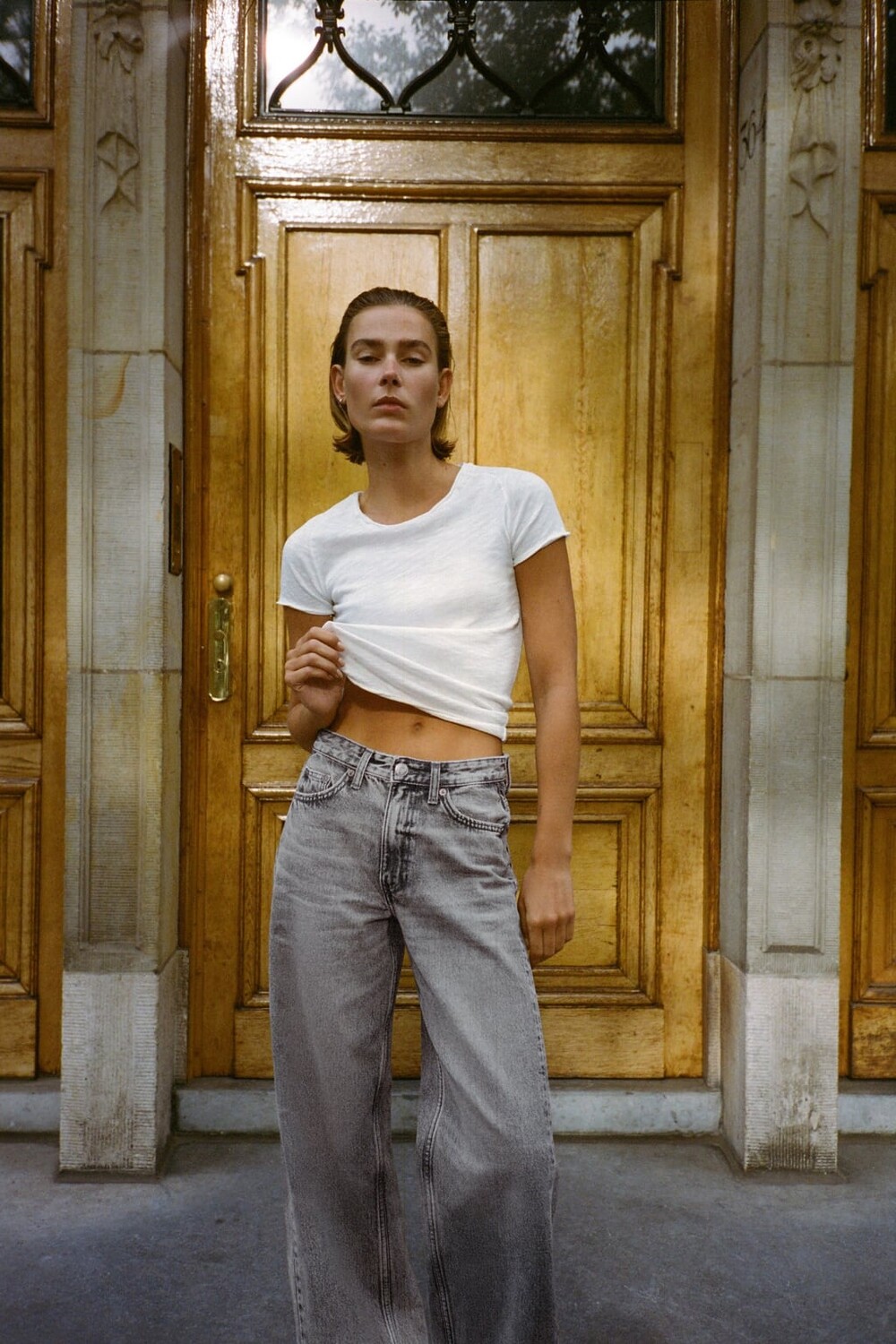 

Хлопковая футболка с деталями по швам ZARA, белый