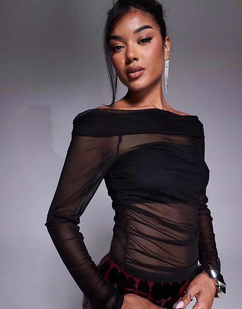 

Топ из сетки ASOS DESIGN с отворотами, открытыми плечами и длинными рукавами, черный цвет