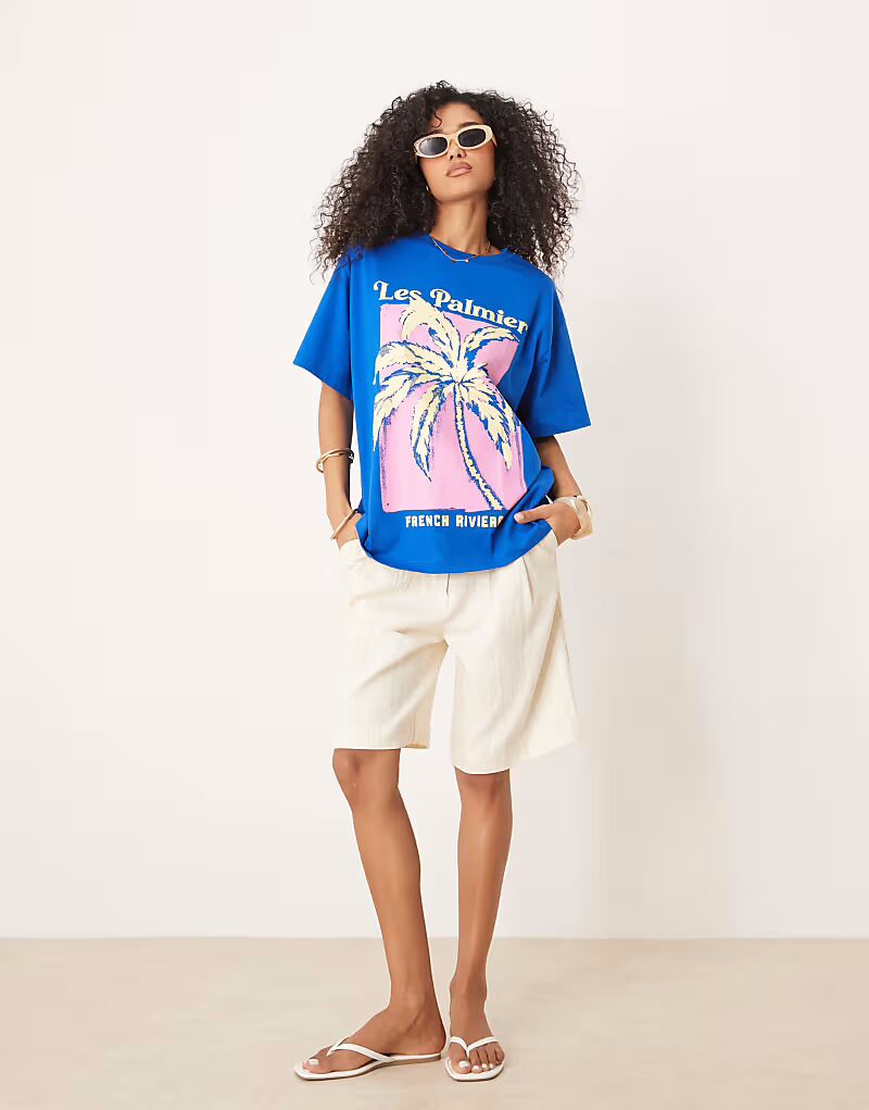 

Футболка свободного кроя ASOS DESIGN с изображением пальмы синего цвета
