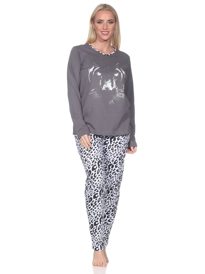 

NORMANN Пижама с длинными рукавами, штаны для сна, с животным принтом, больших размеров, серого цвета