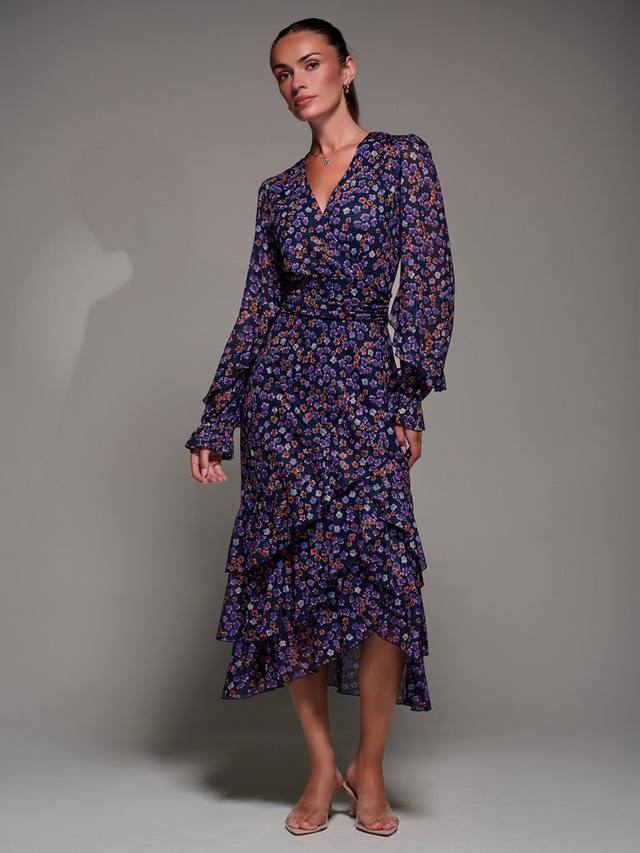 

Платье с рюшами на рукавах и сетчатой отделкой Jolie Moi, Navy Floral