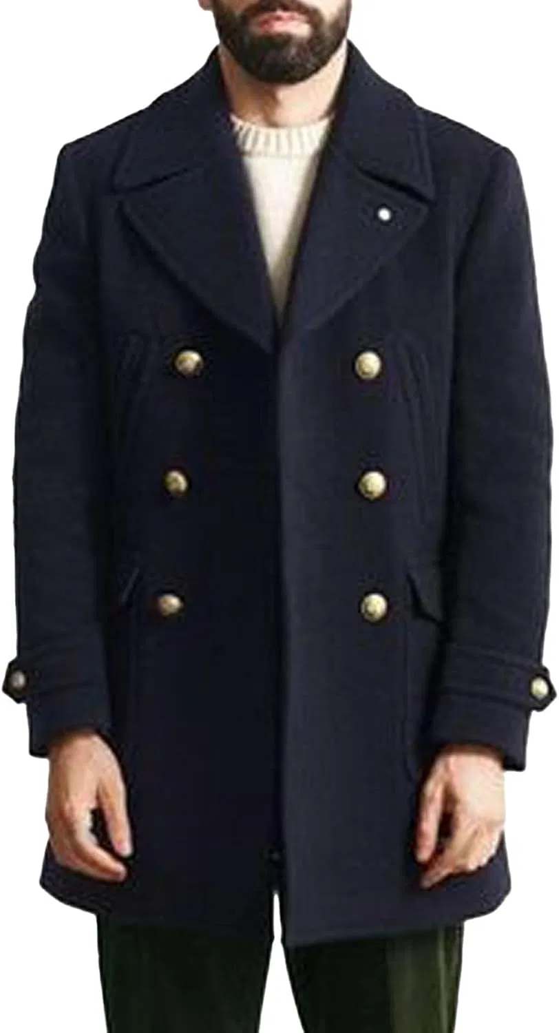 Мужское пальто в стиле милитари Preppy Naval Officer Uniform из смесовой шерсти, утепленное, с отложным воротником, ветровка generic, темно-синий — фото 2