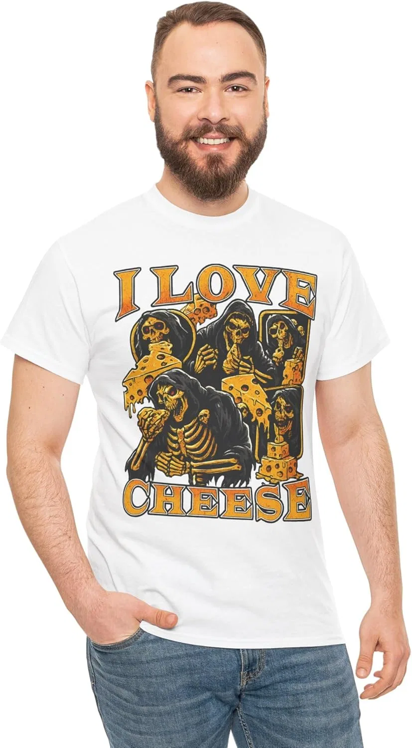 Футболка с забавным скелетом и надписью "I Love Cheese", оскорбительная GENERIC, белый — фото 4
