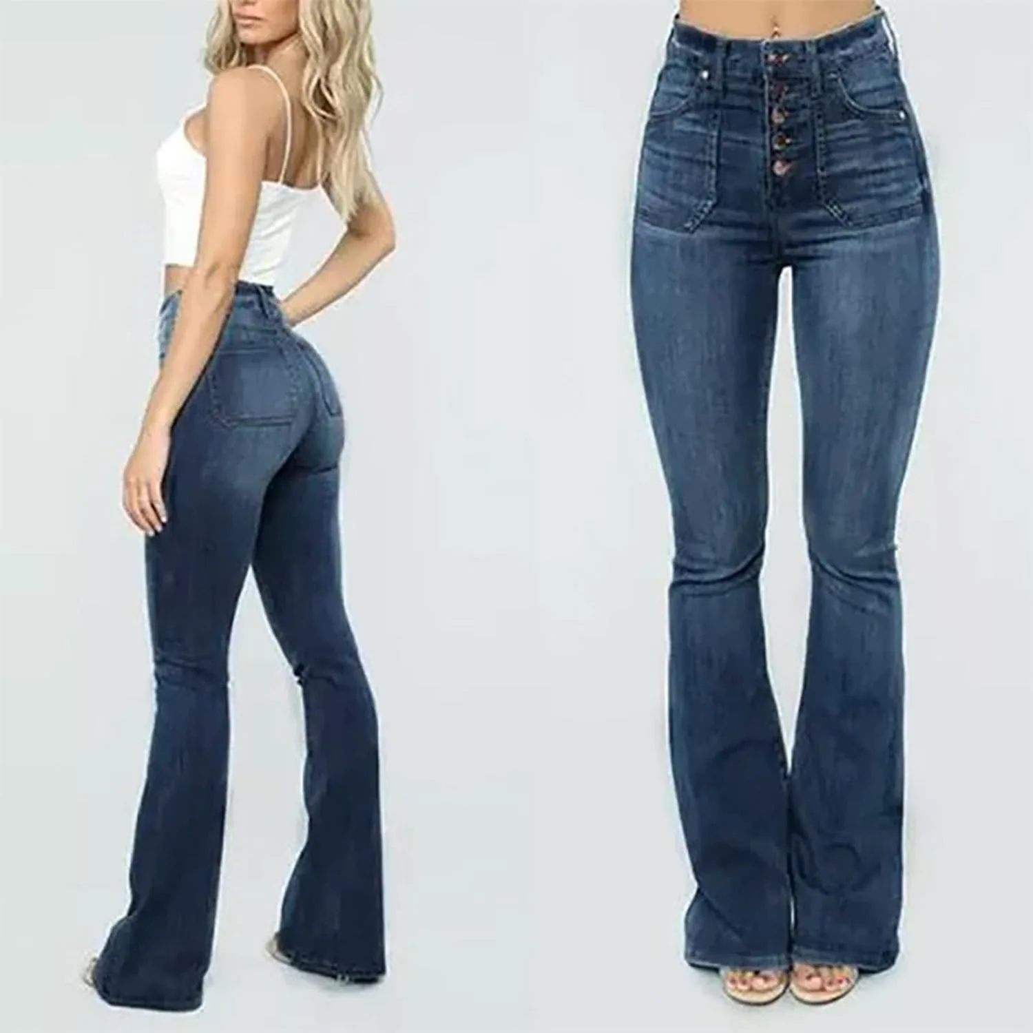 Женские джинсы-клеш с высокой талией и карманами — фото 2
