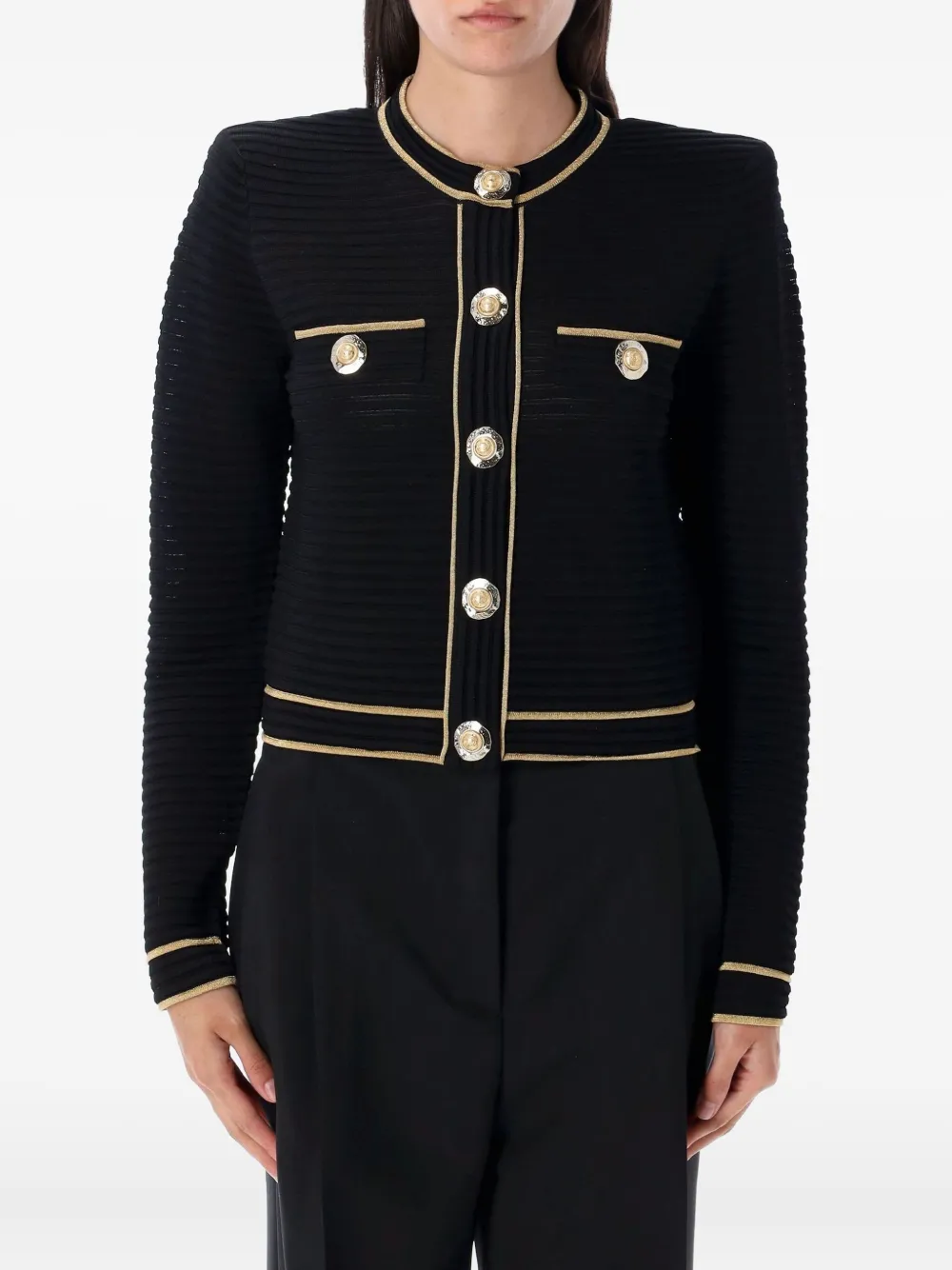 

Кардиган в рубчик с золотой отделкой BALMAIN, черный