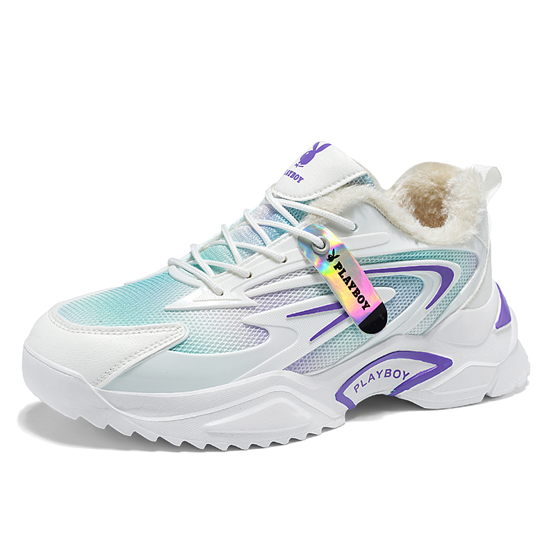 

Playboy Мужские низкие массивные кроссовки бело-фиолетовые с флисовой подкладкой, цвет White Purple[Fleece-Lined]