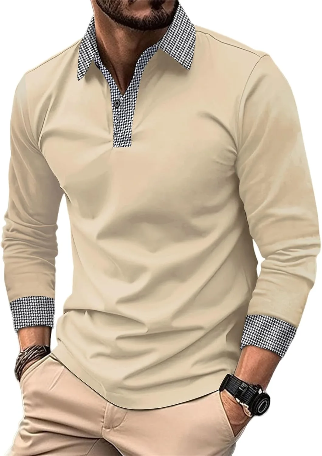 

Мужская поло с длинным рукавом, slim fit, клетчатый воротник evzosrz