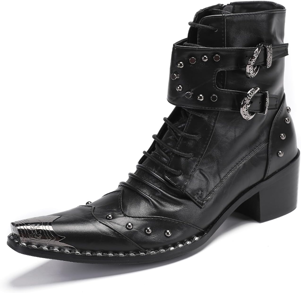 

Мужские повседневные ковбойские сапоги Santimon - кожаные мотоциклетные сапоги средней высоты с металлическим заостренным носком для свадеб и вечеринок, диско и баров, черный