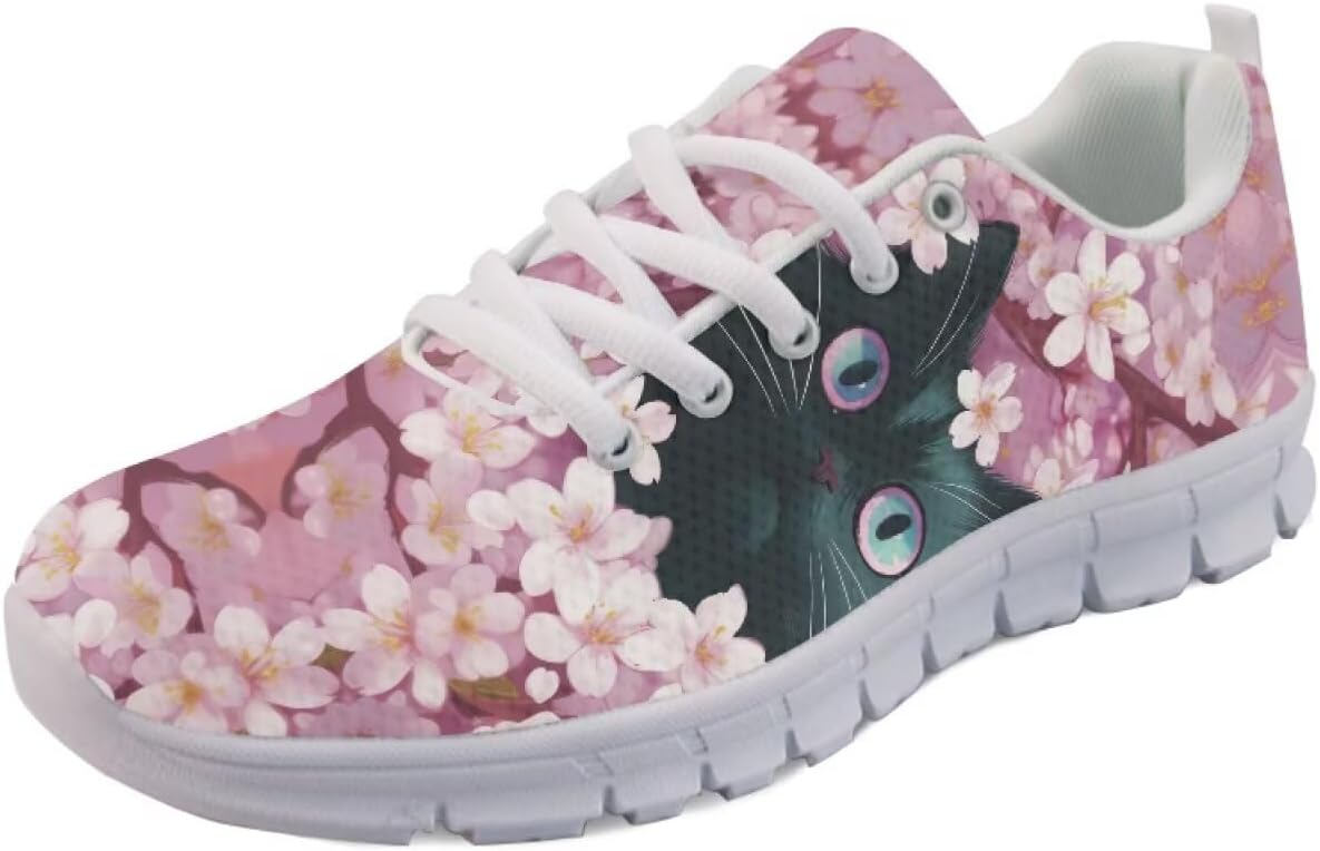 

Женские осенние кроссовки на шнуровке, повседневные слипоны для бега и ходьбы, спортивная обувь для женщин Getelinseng, Cat Cherry Blossom