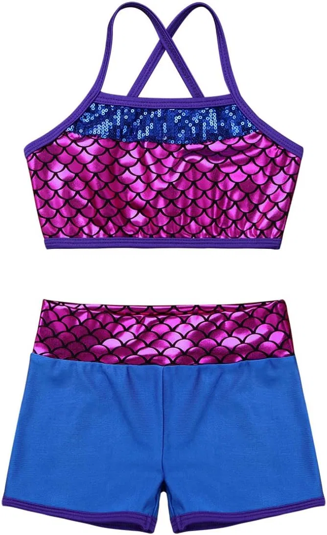 Agoky Kids Girls 2PCS Sports Outfits Ballet Gym Sequins Mermaid Tank Top Shorts Set Tankini Swimwear Gymnastics Tracksuit, синий — фото 4