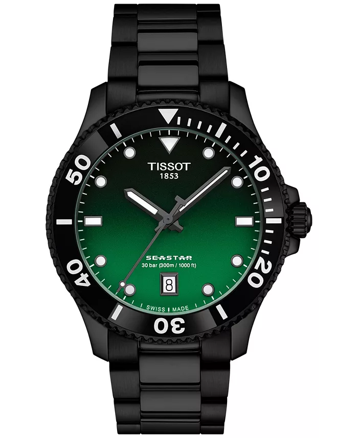 

Мужские часы Swiss Seastar 1000 с черным PVD-покрытием на стальном браслете, 40 мм Tissot