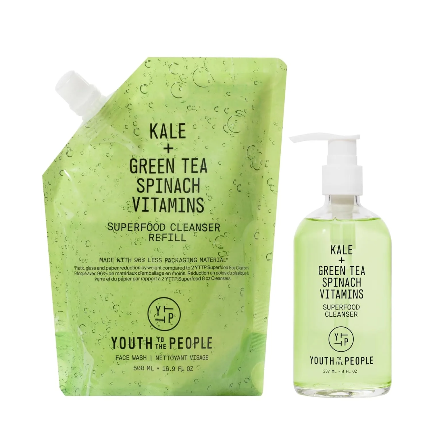 Youth To The People Superfood Cleanser домашний набор с пополнением, очищающее средство для лица с капустой кале и зеленым чаем (8 унций) + (16 унций пакет для пополнения), средство для снятия макияжа, для всех типов кожи, Green
