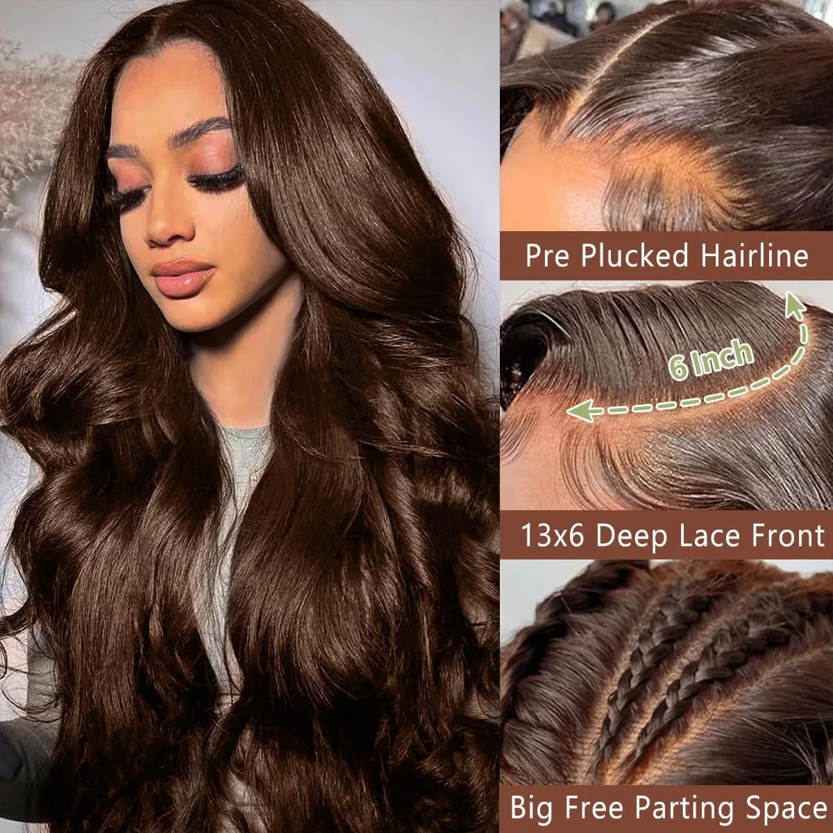 Женский парик из натуральных волос «Body Wave Glueless» от Bresilienne Alionly, Chocolate Brown — фото 2