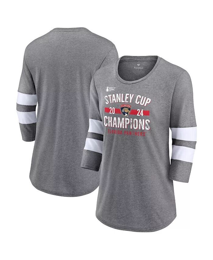 

Женская футболка Heather Gray Florida Panthers 2024 Stanley Cup Champions Throwback Tri-Blend с рукавами 3/4 Fanatics