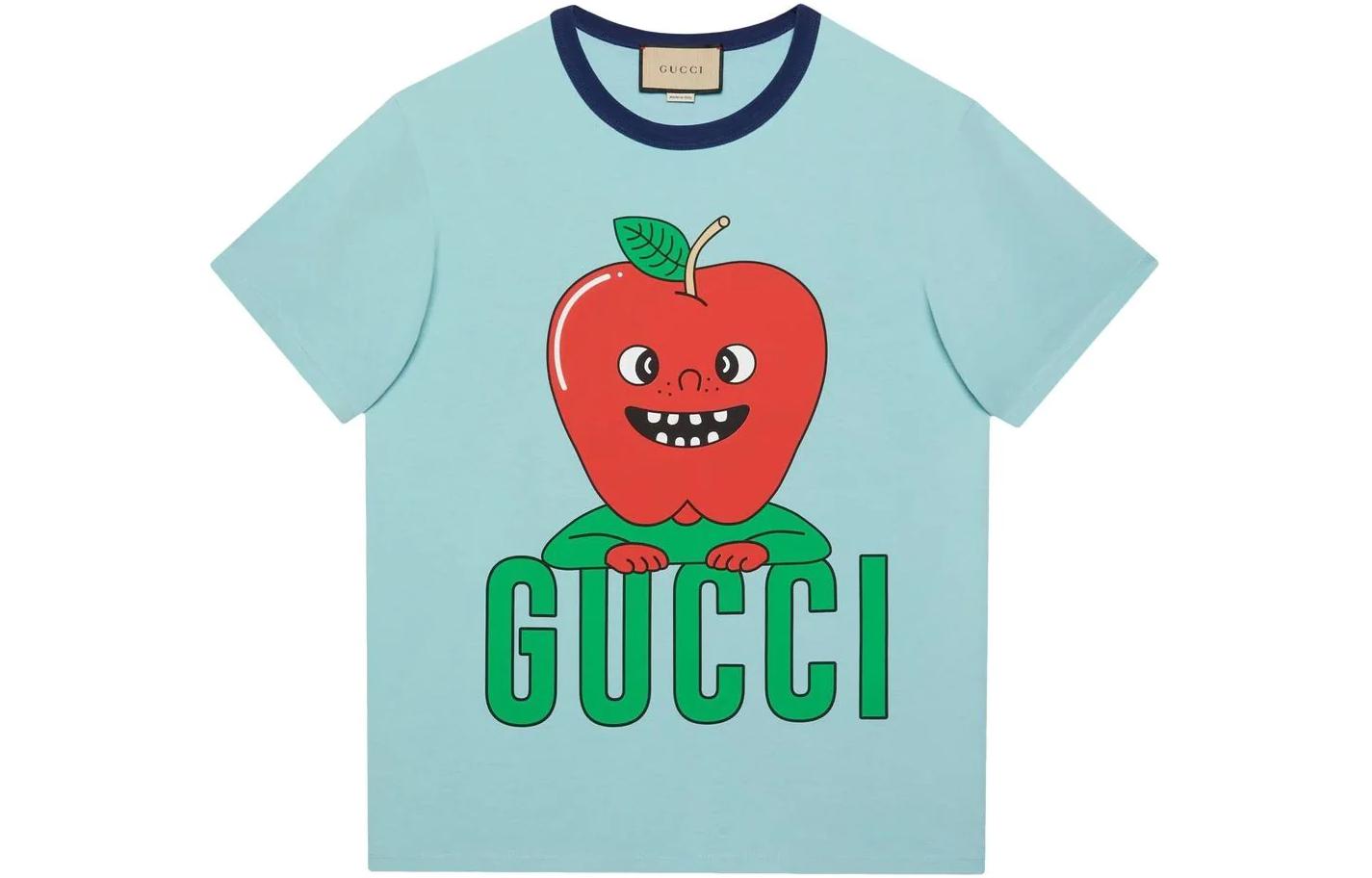 Футболка Gucci SS24 с принтом яблок, светло-голубая — фото 3