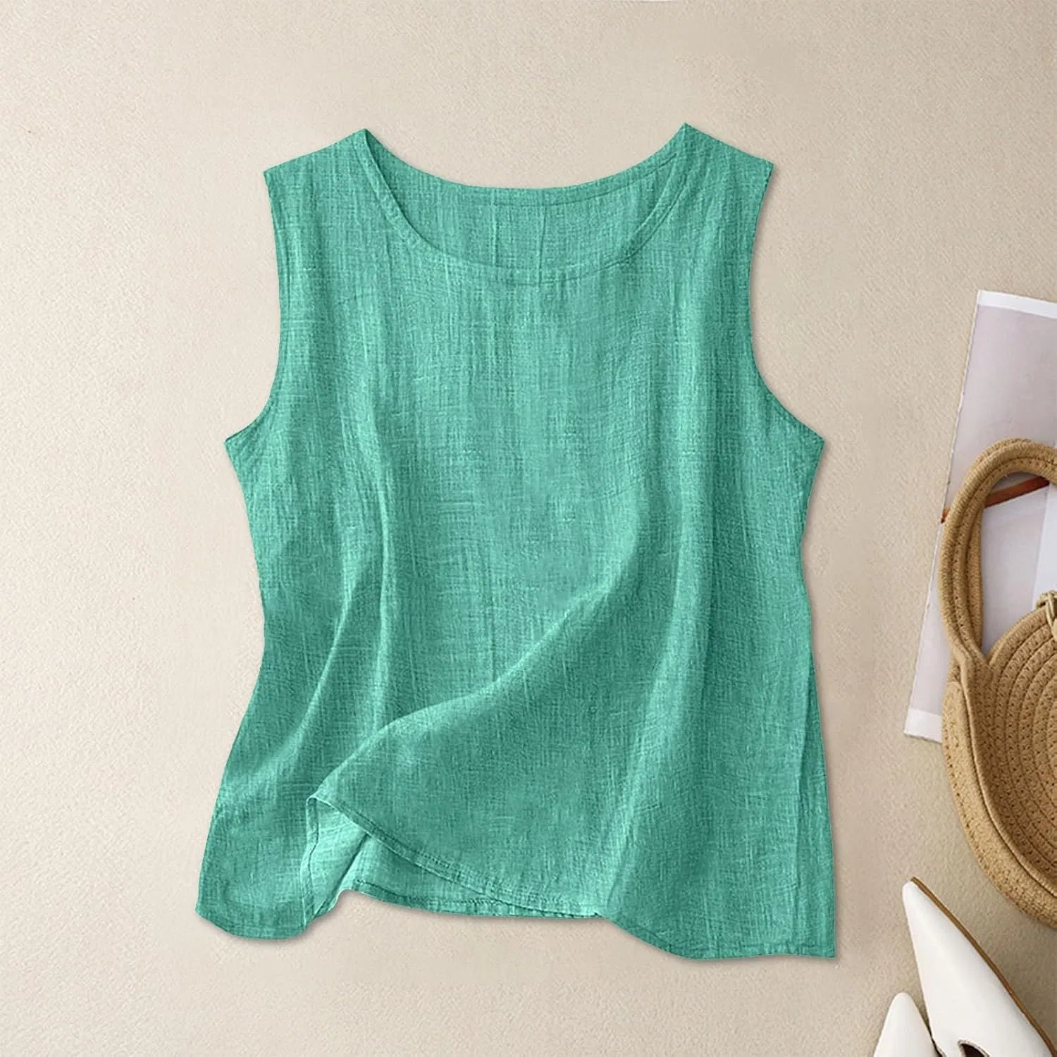 Женский топ-майка из льняной смеси, летний, без рукавов, свободный, 15-Mint Green — фото 2