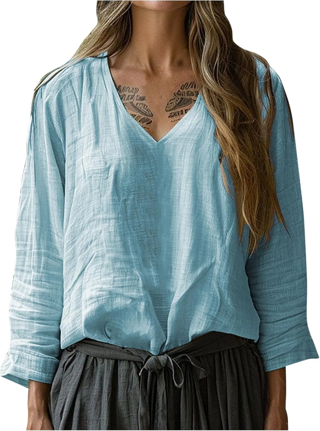 

Женская футболка с V-образным вырезом и коротким рукавом, свободного кроя, из хлопка и льна AKTCVVJ