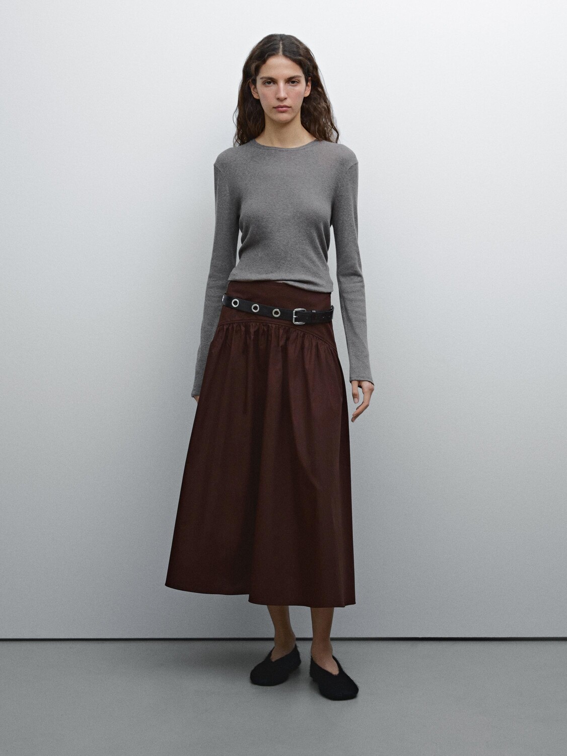 

Юбка миди из 100% хлопка с кокеткой Massimo Dutti, коричневый