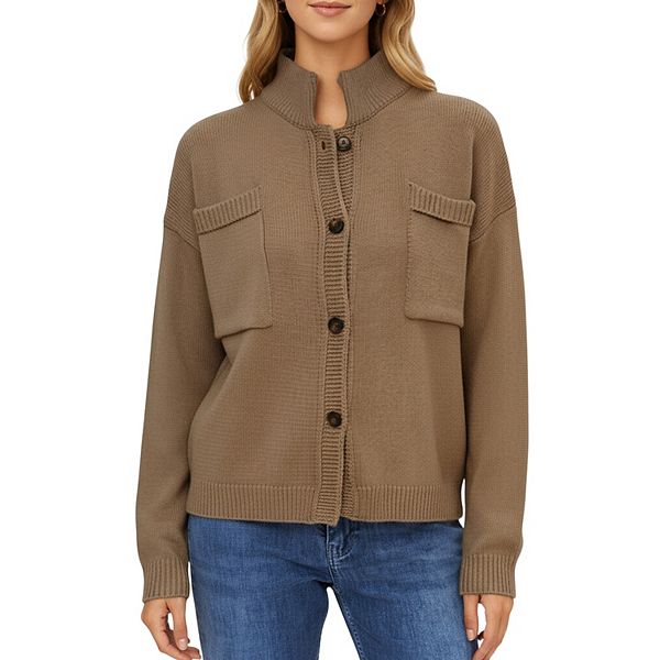 

Женский кардиган на пуговицах с длинным рукавом, воротником-стойкой и передним карманом Anna-Kaci, Brown