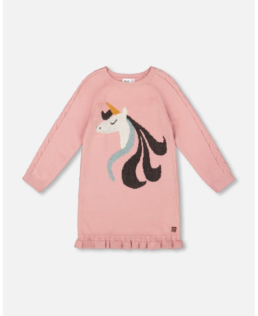 

Вязаное платье для девочки, пыльно-розовое, с интарсией в виде единорога - Детское Deux par Deux, Dusty pink
