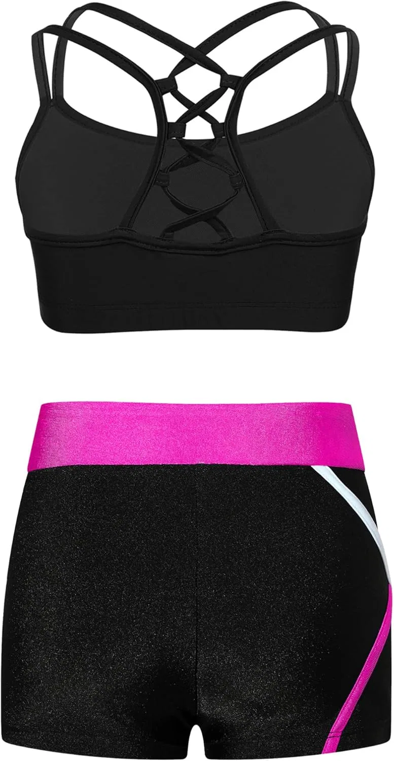 Детский спортивный комплект из топа и шорт, TiaoBug, V-waist Hot Pink — фото 2