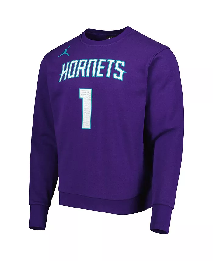 Мужской свитшот с капюшоном LaMelo Ball в фиолетовом цвете Charlotte Hornets с именем и номером Jordan — фото 3