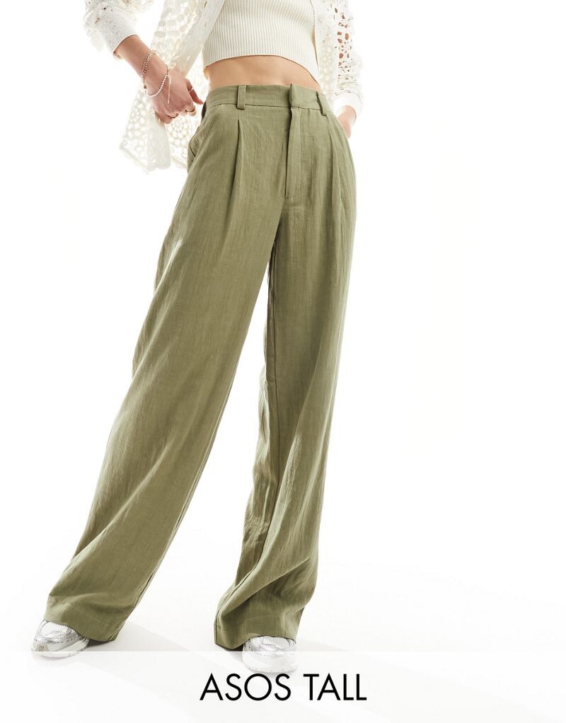 

Широкие льняные брюки оливкового цвета ASOS DESIGN Tall