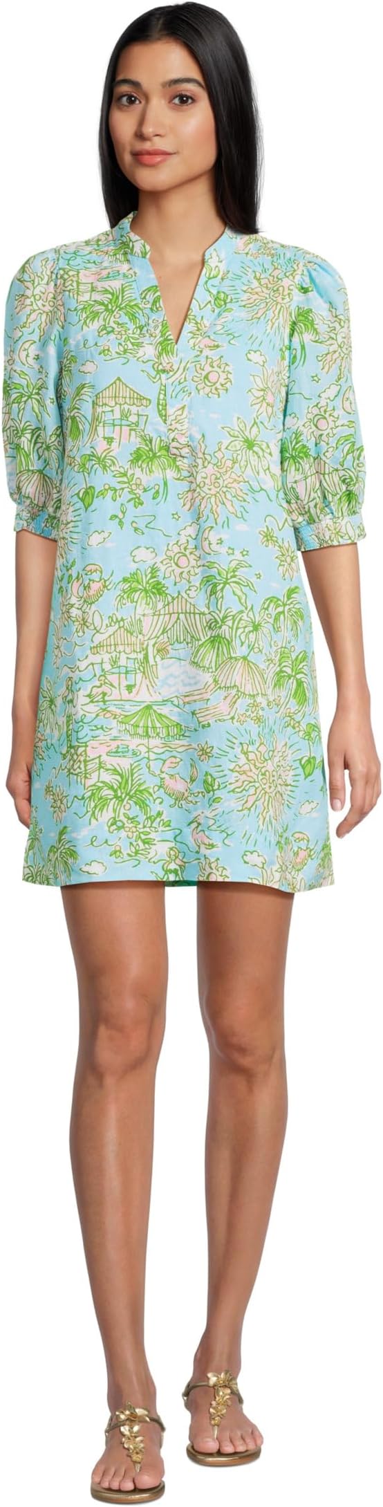 

Платье Lilly Pulitzer Mialeigh Elbow Sleeve Linen, цвет Fresh Water Blue Sunbathers Bliss