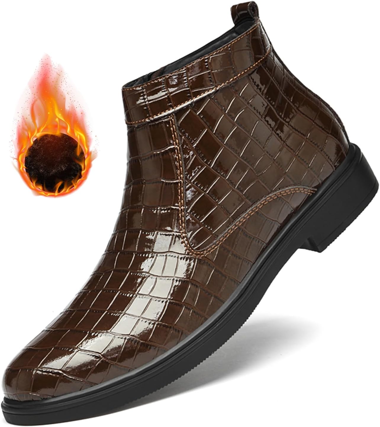 

Мужские ботинки Челси из лакированной кожи с теплой комфортной плюшевой подкладкой, боковой молнией, без шнуровки, классические деловые ботинки, круглый носок, низкий каблук, водонепроницаемые, повседневные ботильоны Eggdk, коричневый