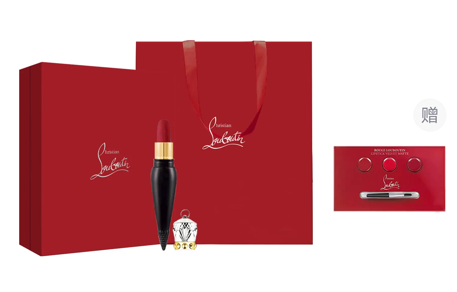 Christian Louboutin Подарочный набор премиальной помады Queen's Scepter в бархатно-сатиновом футляре, три цвета, #013M Rose Cameo Brown Box with Small Square Bag — фото 2