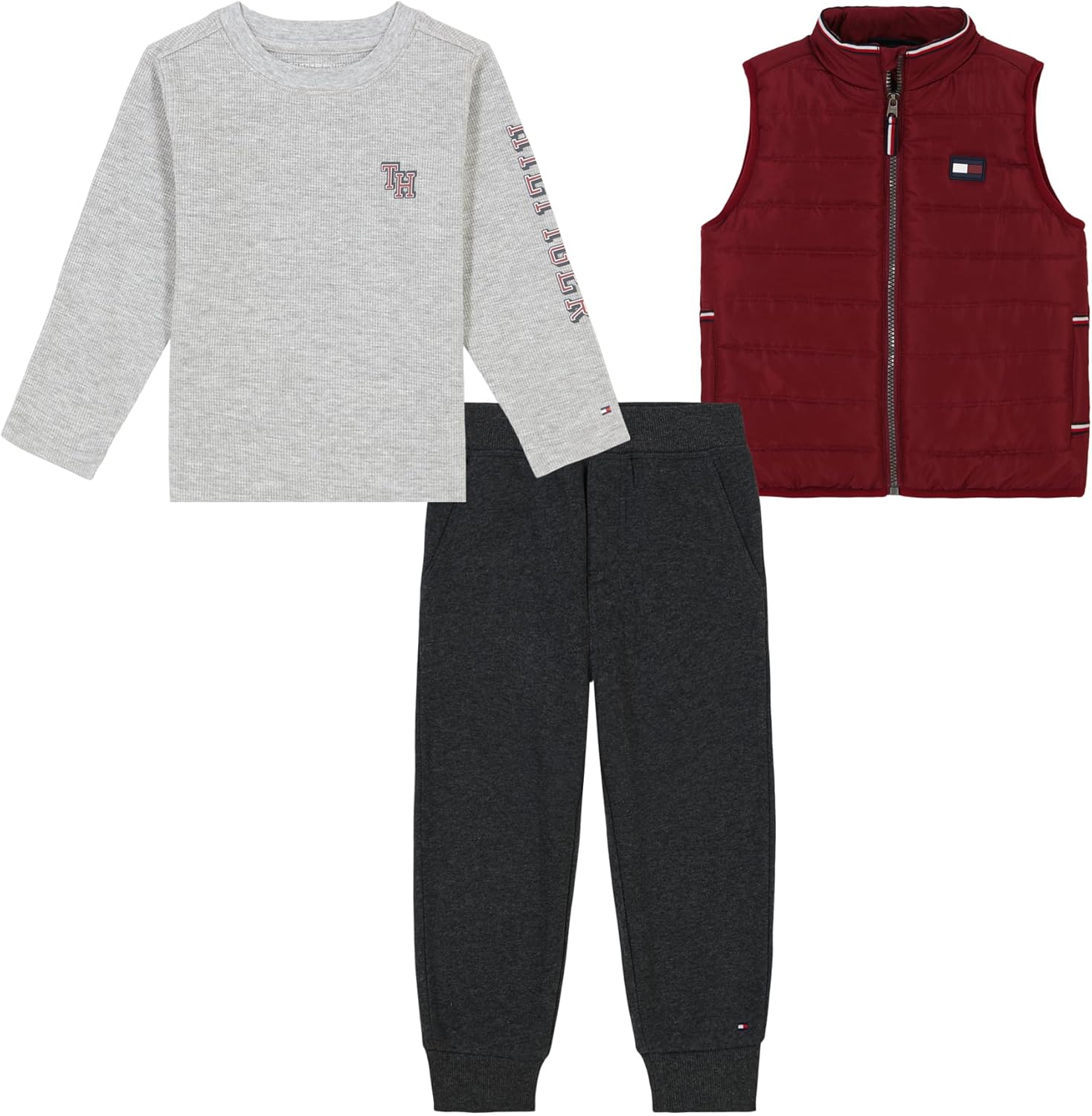 

Комплект из 3 предметов: жилет-фонарик Tommy Hilfiger для мальчиков, трикотажный, для бега, Heather Mist/Cabernet/Stealth Heather