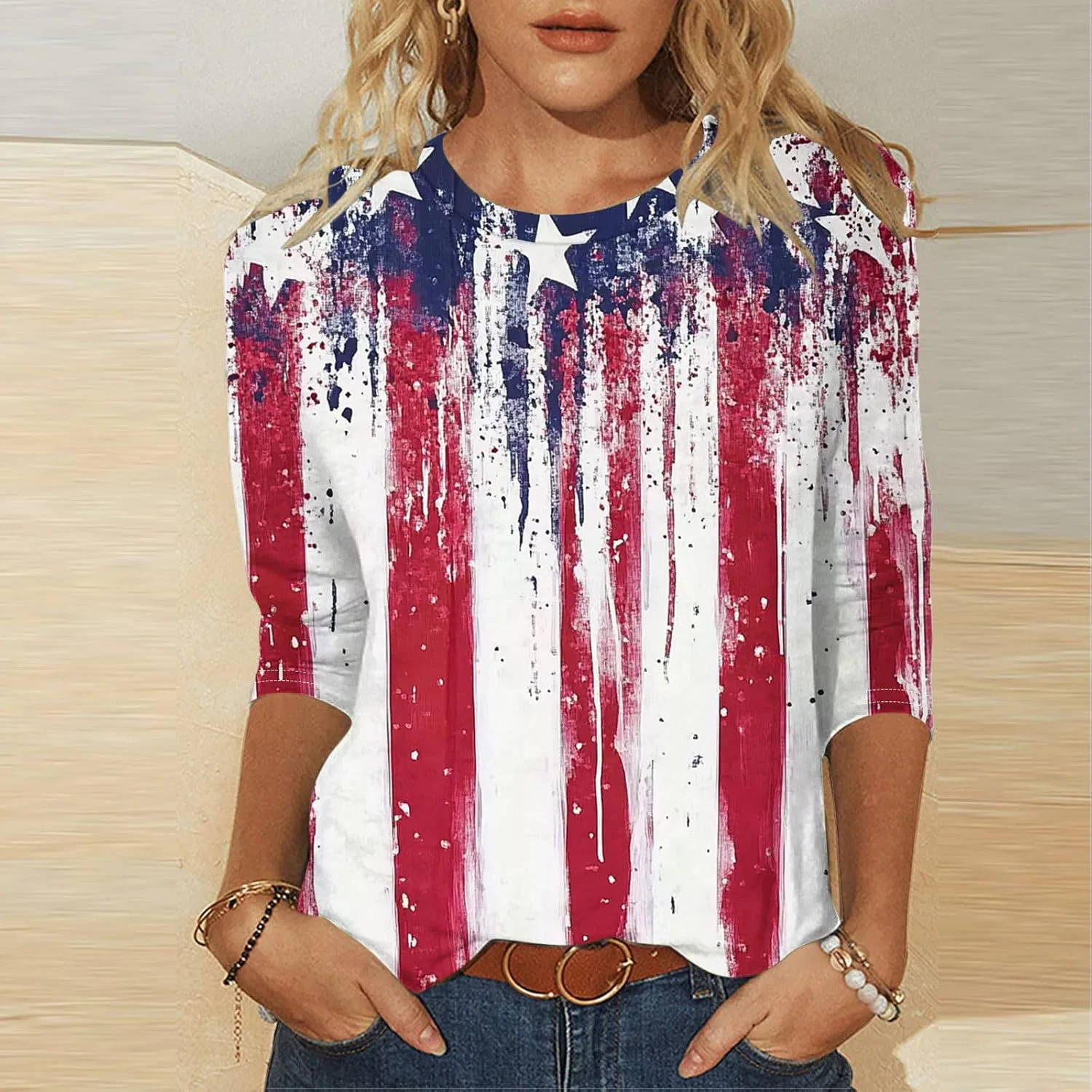 Футболка женская с длинным рукавом 3/4, Patriotic American Flag, красный — фото 2