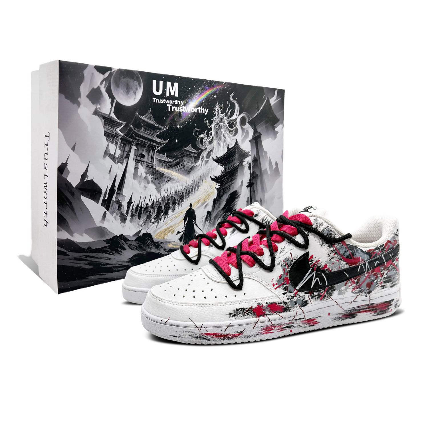 

Court Vision 1 Crime And Punishment 1 Coverage легкие и дышащие низкие скейтборд-кроссовки Unisex Nike, черный белый розовый красный