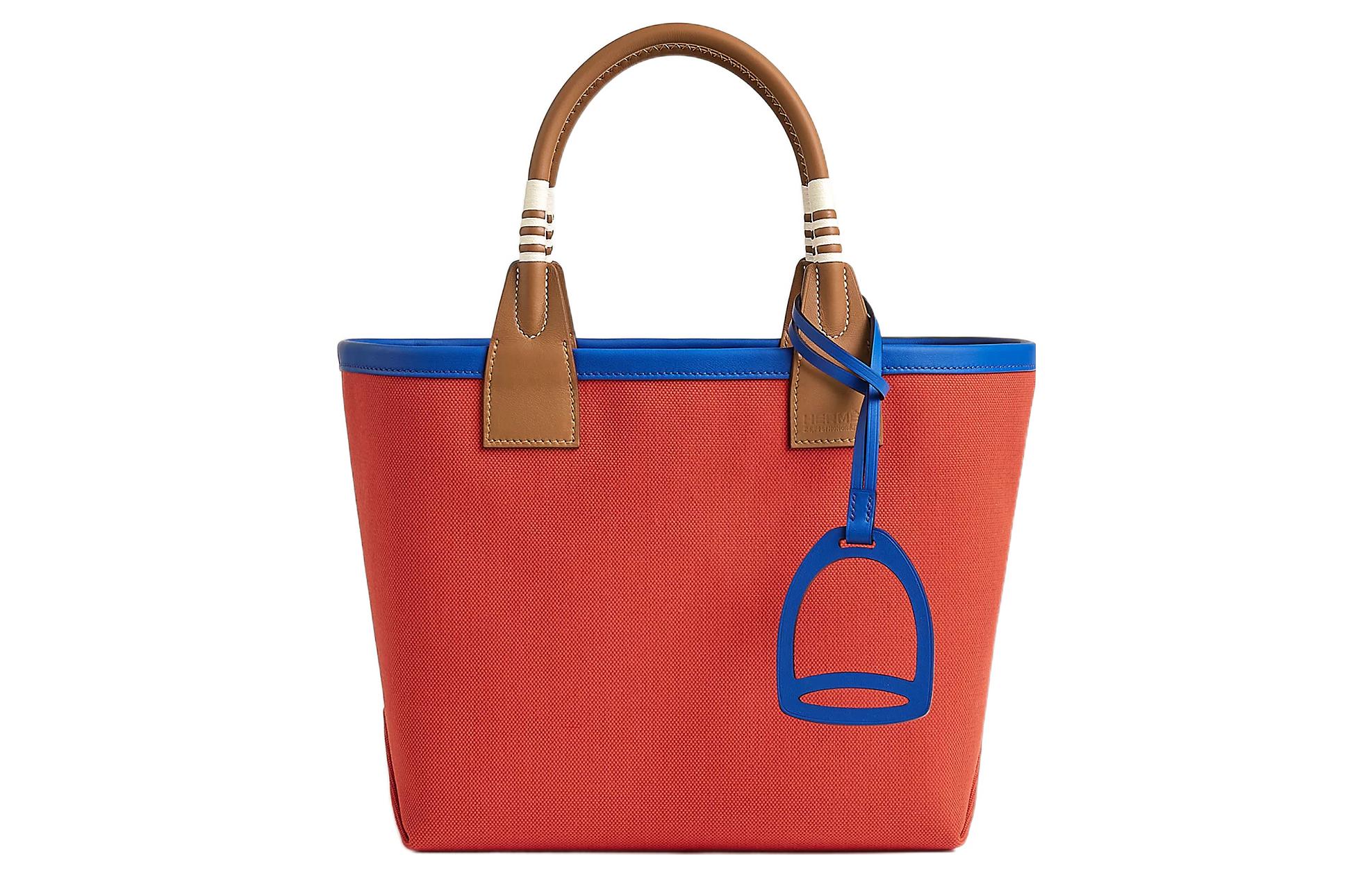 

HERMES Сумка из парусины Steeple с телячьей кожей Swift, женская, оранжево-красная/золотая/королевско-синяя